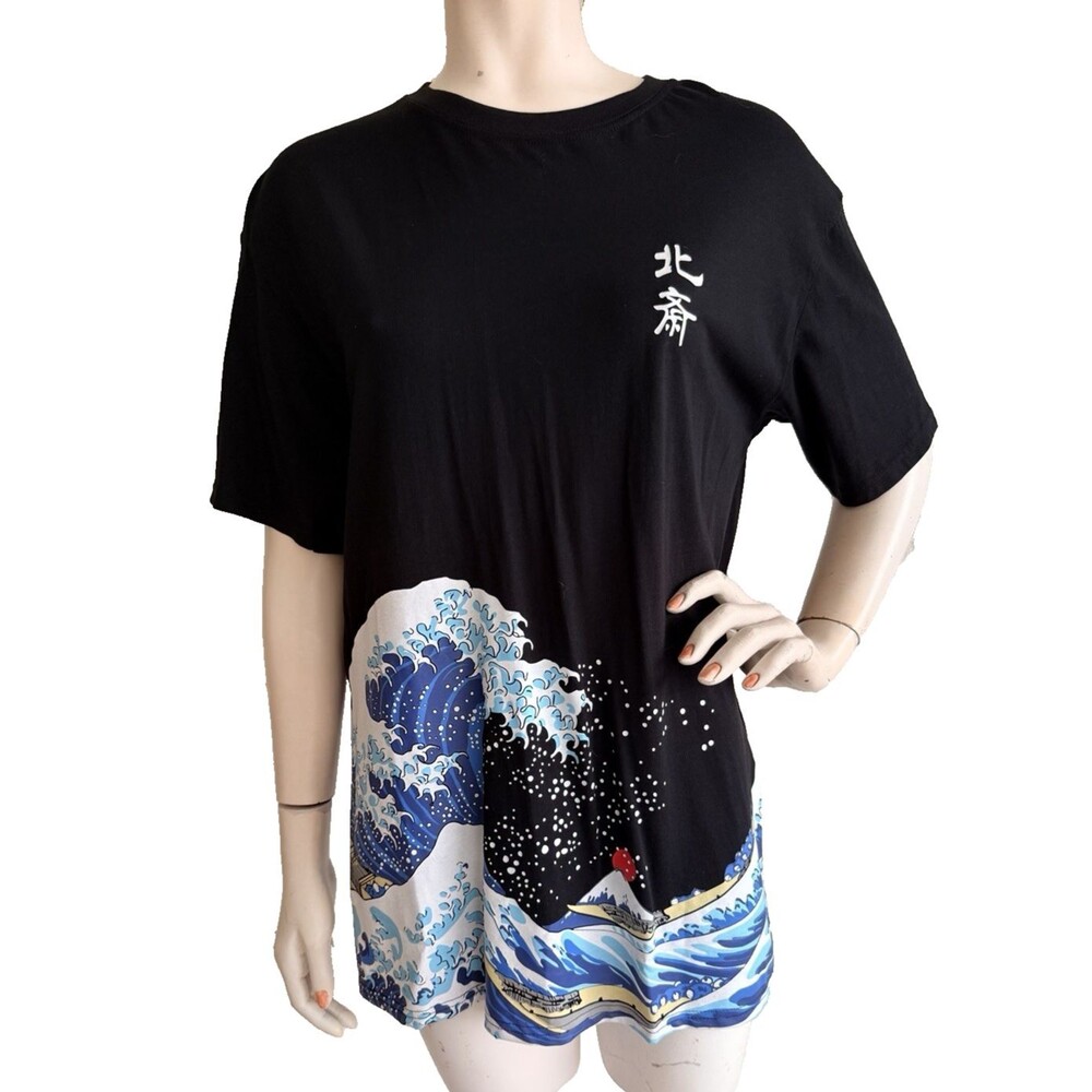 JAPONESQUE Great Wave off Kanagawa Unisex T-Shirt Black 100% Cotton Size L